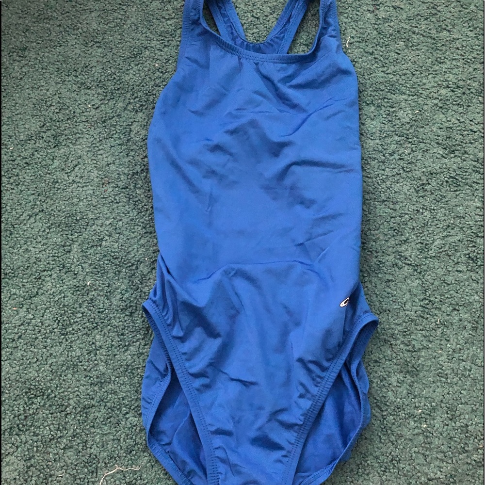 bright blue one piece swimsuit
